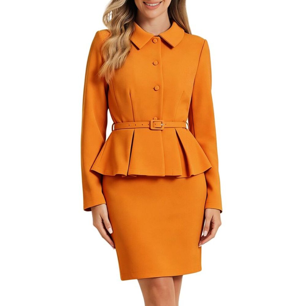 Women Business Suits Peplum Blazer Jacket Mini Pencil Skirt Sets Dark Orange